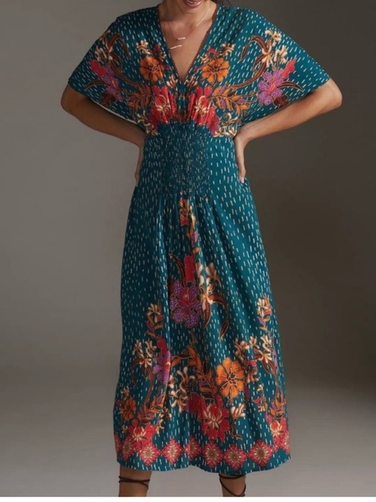 Anthropologie Dresses & Skirts - Anthropologie BL^NK London Boho Floral Midi Dress One Size Teal Smocked Waist